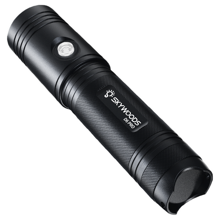 Black flashlight with 'Skywoods' branding on a white background